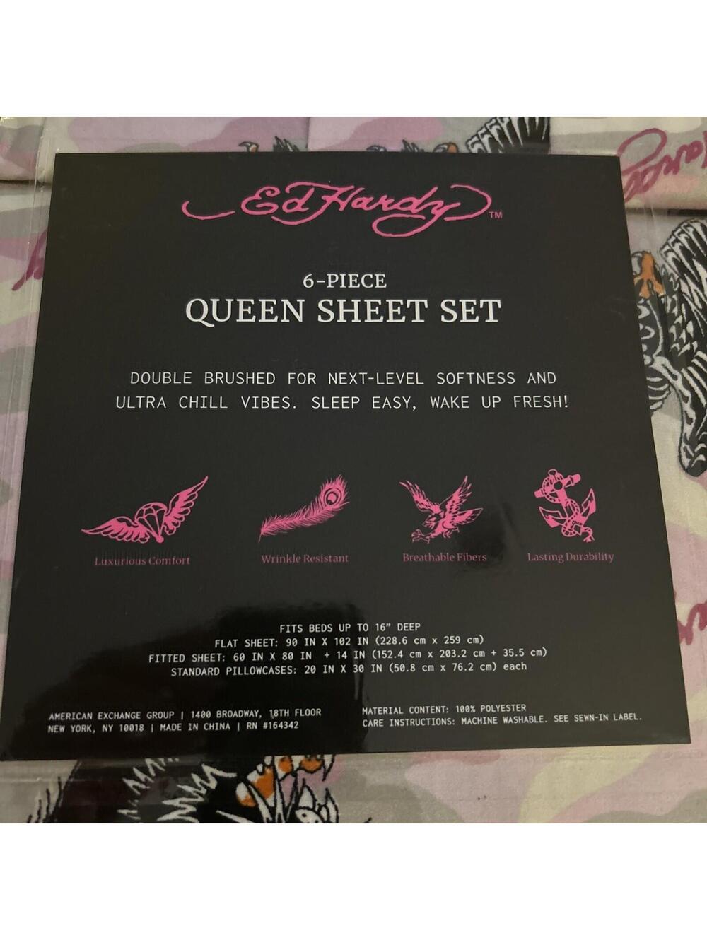 Ed Hardy Pink Gray Camo Sheet Set QUEEN Panthers Eagles Y2K w/4 Pillowcases NEW! - Picture 8 of 10